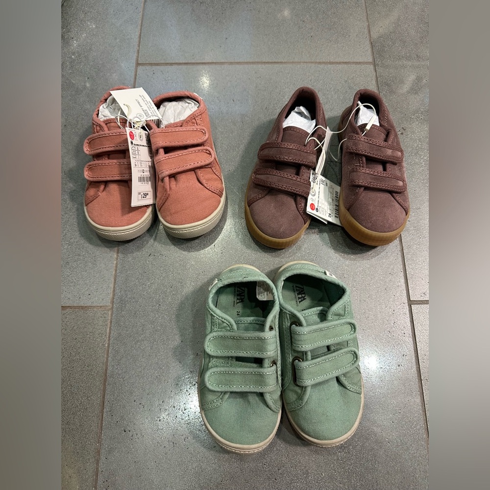 Zara New & Used 8c Shoes Bundle, Pink Green Purple Suede, Velcro, Easy On & Off